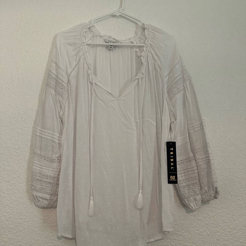 Tribal White Tie Front Blouse with Relaxed Fit